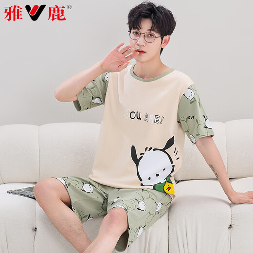 雅鹿男士睡衣夏季短袖纯棉卡通夏天男款大童青少年宽松大码家居服套装 短袖短裤-Q1396浅绿小白 M 少年版-[70-85斤]
