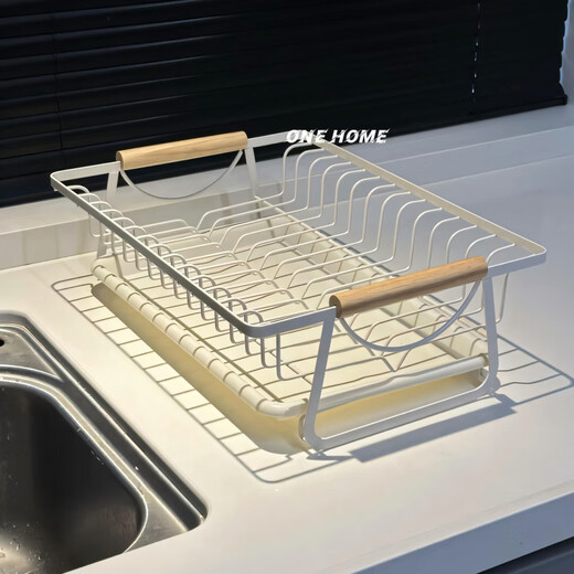 Shijanu new kitchen drain rack dish rack household multi-functional storage rack wooden handle dish drain rack - milky white