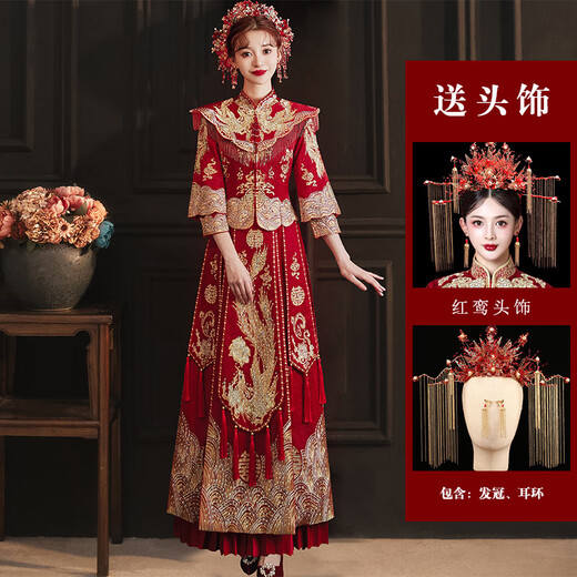 Woodpecker (TUCANO) Xiuhe Clothes Bridal 2026 New Wedding Clothes Dragon and Phoenix Gown Wedding Clothes Chinese Toast Clothing Small Kimono Summer Shawl Dance Phoenix Embroidery Style + Red Luan Headdress 3XL