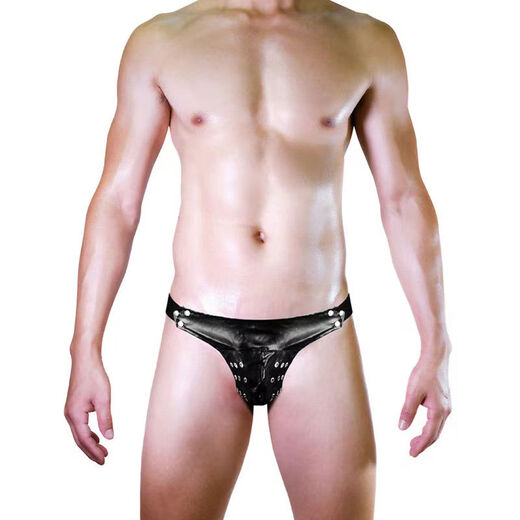 Men's men's sexy underwear, imitation leather iron nails, breathable rope thong, elastic passion nightclub sexy black one size