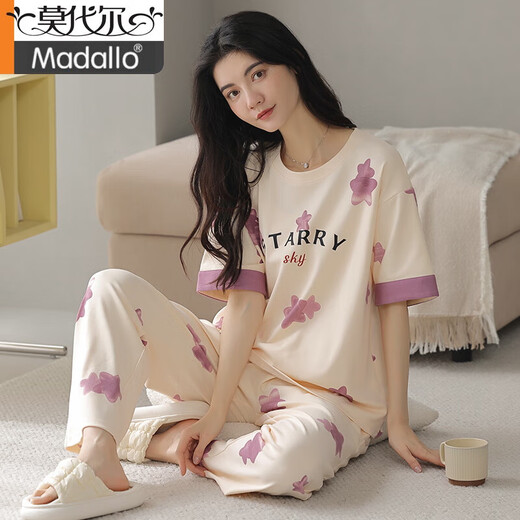 莫代尔女士短袖纯棉睡衣套装夏季长裤家居服韩版薄款可外穿夏天卡通 Y9712 M (建议75-95斤)
