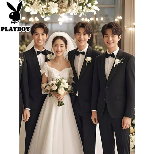 花花公子（PLAYBOY）伴郎服男士结婚礼服伴娘西装套装新郎商务休闲西服修身正装套 黑色两扣西装+马甲衬衫西裤+领结 M