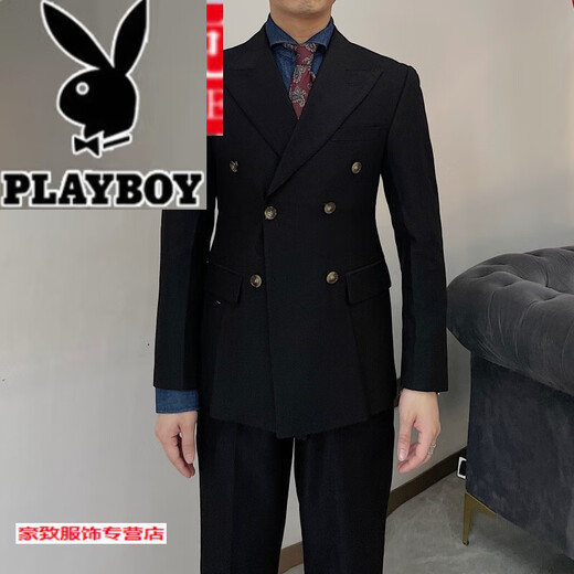 Playboy (PLAYBOY) British retro men's gentleman's slim double-breasted suit suit Korean style fashionable business formal suit two-piece suit black XL suit + pants