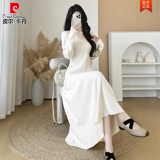 Pierre Cardin French v-neck knitted dress for women, new autumn and winter style, with coat and bottoming sweater skirt, long skirt, black M, recommended weight 95-110