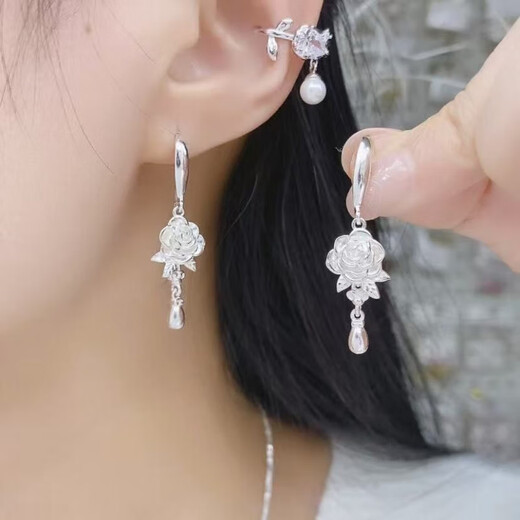 RSRDDY Lao Phoenix Pure Silver 9999 Cubic Water Drop Rose Earrings Women's Pure Silver Earrings for Mom and Wife Earrings Pure Silver Rose Peony Tassel Earrings Lao Fengxiang's Same Style 4.58 Grams with Counter + Certificate