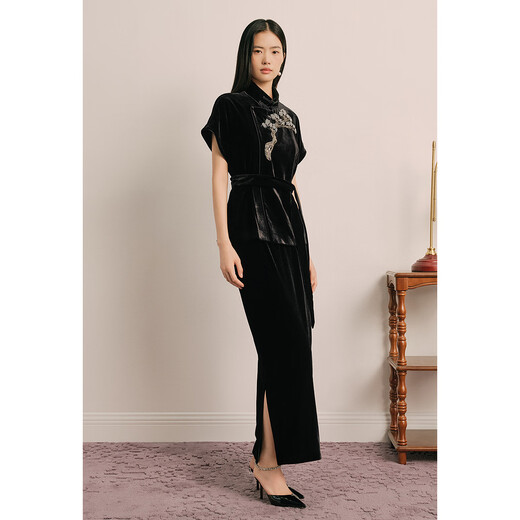 OBBLIGATO Origato Spring New Chinese Style Stand Collar Drop Shoulder Sleeves Beaded Velvet Jacket Black Single Skirt M