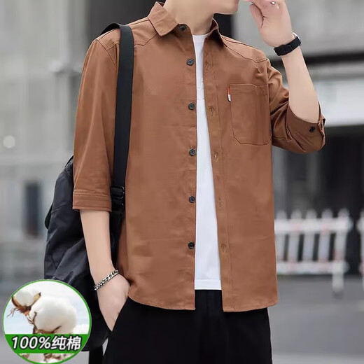 Hengyuanxiang Sommer 7-Viertel-Ärmel-Hemd Herren-Hemd für Pure Cotton Shirt Herren-Trendy Casual Work Shirt Jacke Herren Kleidung Q6626 7-Viertel-Hülse 2 Stücke [schwarz + khaki] m