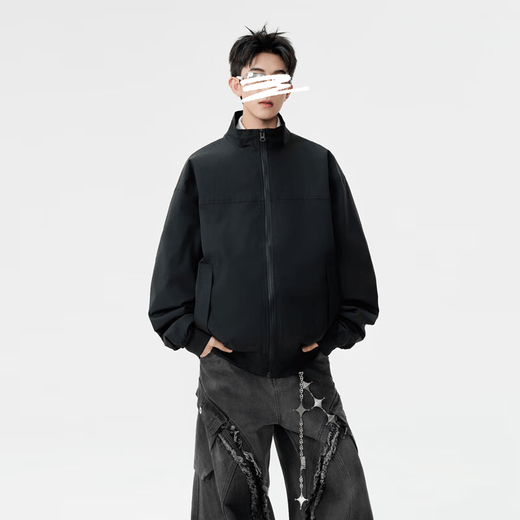 Homlean solid color jacket men's autumn versatile loose top stand collar fashion jacket casual versatile HK16 black XL