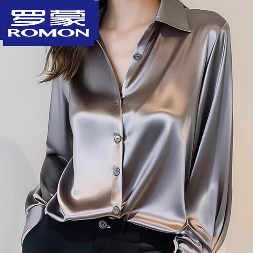 ROMON 2025 Spring and Autumn New Style Gray Acetate Silk Shirt Women's Long Sleeve Chic French Silk Professional Shirt Gray M