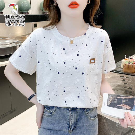 Woodpecker pure cotton loose printed T-shirt women's trendy summer wear new versatile T-shirt top 1396# white L suitable for 110-119Jin Jin equals 0.5 kg