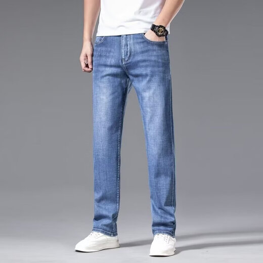 雅鹿牛仔裤男春秋季直筒宽松弹力商务休闲长裤男士潮牌百搭男装裤子 浅蓝色 31