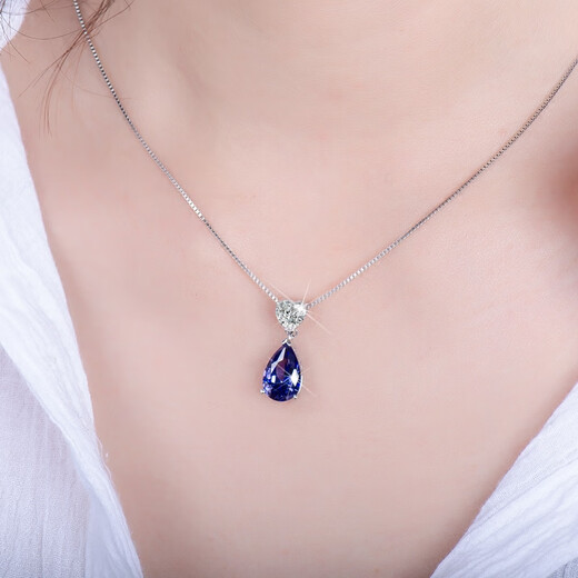 Fat Donglai quality sapphire necklace 925 silver heart-shaped water drop gemstone clavicle chain women's Tanzanite pendant 925 silver platinum-plated pendant ++925 silver necklace
