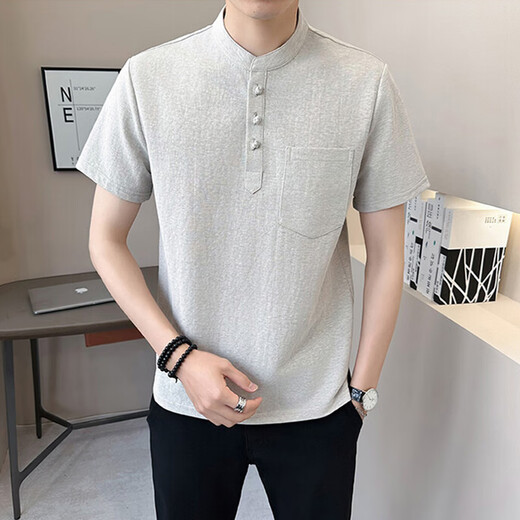 Yalu Chinese style cotton and linen short-sleeved t-shirt shirt men's summer henley collar linen top inch shirt stand collar shirt khaki M about 90~105Jin Jin equals 0.5kg can be worn