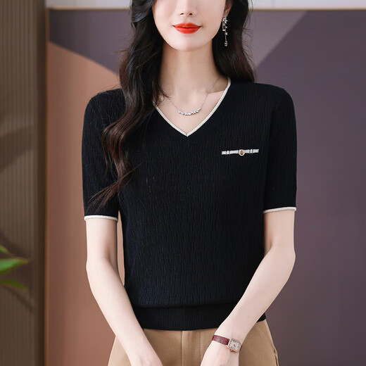 雅鹿冰丝t恤女短袖夏季2025新款洋气妈妈V领针织上衣薄款鸡心领T体恤 粉色(9195款) S 均码