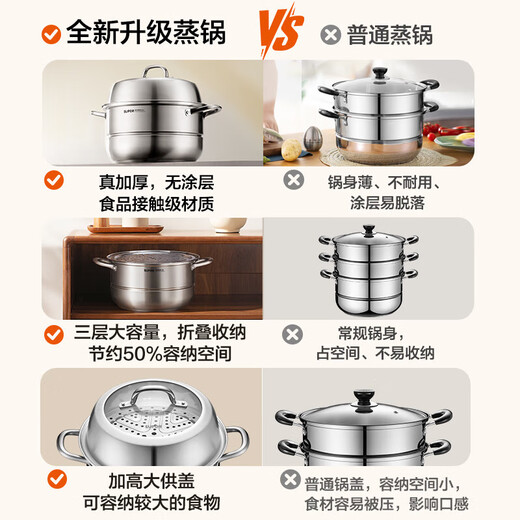 Supor uncoated 304 stainless steel steamer household double-layer large-capacity stew and steam integrated three-layer composite bottom gas stove three-layer large capacity 304 stainless steel 30cm