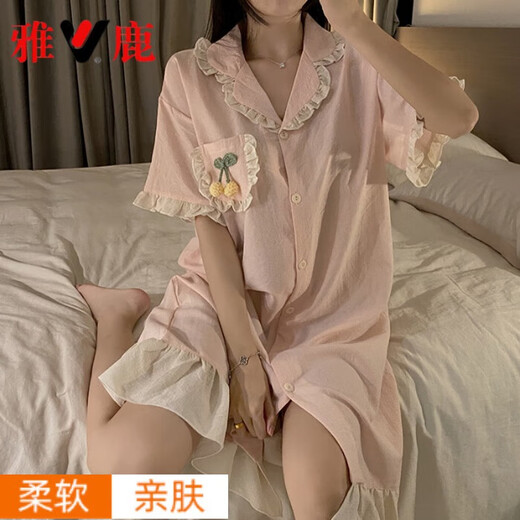 雅鹿睡裙女夏季2025年新款梭织纯棉短袖家居服格子甜美睡衣夏天薄 LI_9207#短袖裙花朵-粉色 M 160()