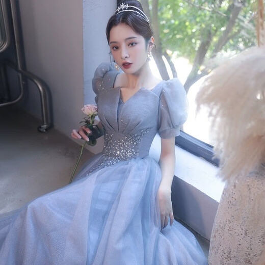 Li Baixin blue evening dress women's banquet temperament light luxury niche high-end sense art test 18-year-old adult ceremony host performance blue gray 3XL recommended 130-135Jin Jin equals 0.5 kg