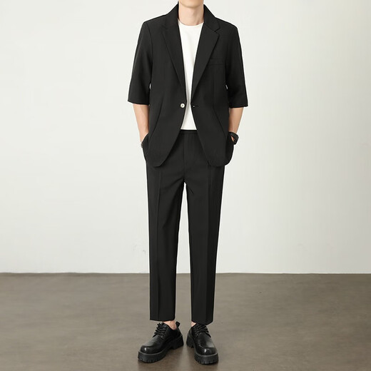 Light and mature style Korean style loose summer thin men's suit two-piece set gray set 3XL