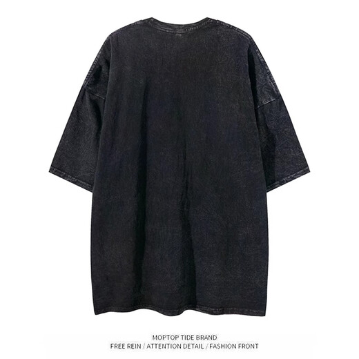 嵘虎 美式高街短袖T恤男生夏季卡通动漫水洗做旧港风潮牌潮流半袖体恤 T673黑色 XL