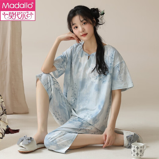 莫代尔夏季新中式国风短袖睡衣套装女士棉家居服七分裤夏天薄款可外穿 LZY9902 M (建议75-95斤)
