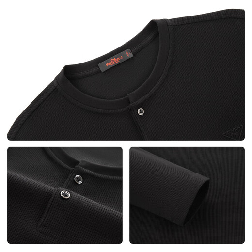 Qipai Men's Waffle Long Sleeve T-shirt 2025 Autumn New Fashion Casual Henry Collar Xinjiang Cotton Half Cardigan T-shirt Men Black Waffle, Xinjiang Cotton L 175/92A