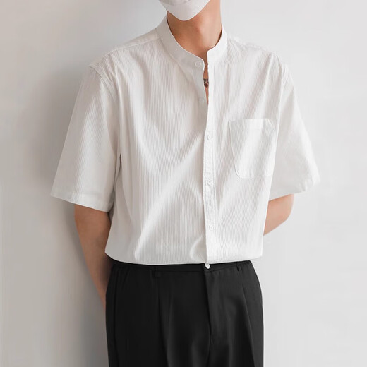 Scarecrow (MEXICAN) summer ice silk cool feeling cotton and linen light luxury style Henry collar short shirt trendy men's dark pattern white XL (130-150Jin Jin equals 0.5 kg)