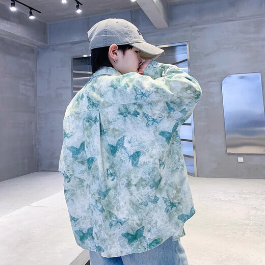 Boys autumn fashion trendy tie-dye shirt thin jacket 2025 new style medium and large children spring and autumn handsome loose top JHP-5508 Green 170