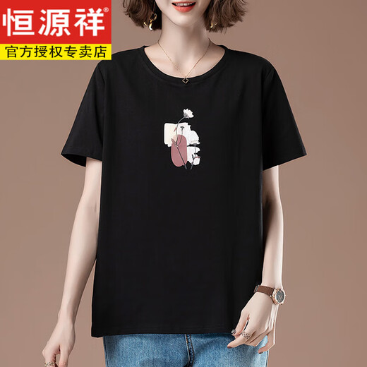 恒源祥夏天短袖t恤女加大码宽松刺绣女装纯棉体恤上衣中年妈妈打底衫女 黑色【9896款】 5XL 180-200斤
