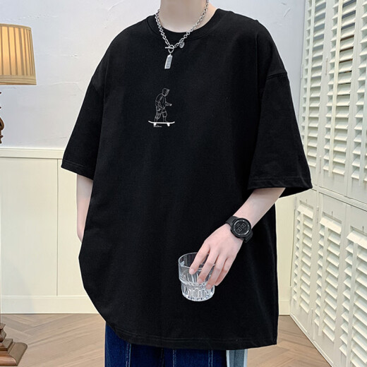 叮噜鱼宽松男士短袖重磅T恤男夏季港风上衣服凉感透气青少年五分半袖男t 3899黑色 3XL (约200-220斤可穿)