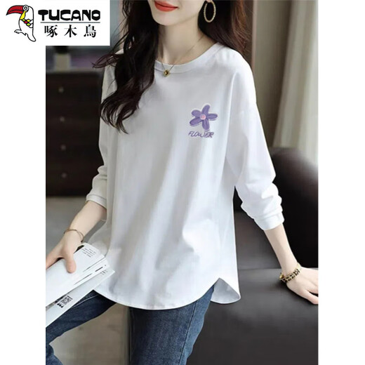 Woodpecker (TUCANO) pure cotton long-sleeved T-shirt for women 2026 new belly-covering slimming top mid-length curved hem autumn coat for women to wear white M 80 to 100 Jin Jin is equal to 0.5 kg