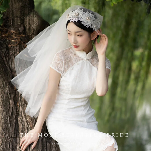 Zi Jiafu retro Republic of China style lace pearl soft veil headband hat-style wedding proposal new Chinese cheongsam dress head accessories Yunjin lace headband veil about 80 60cm-80cm