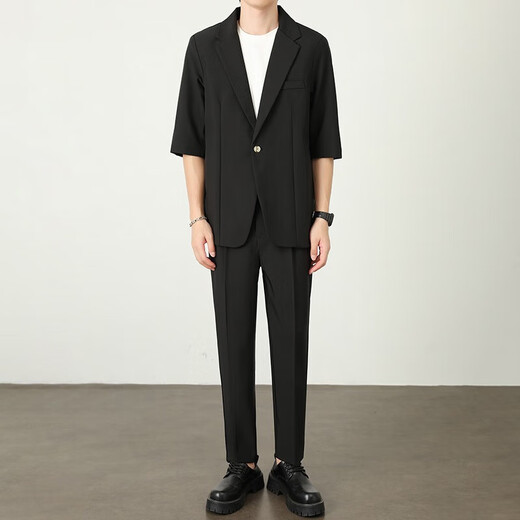 Light and mature style Korean style loose summer thin men's suit two-piece set gray set 3XL