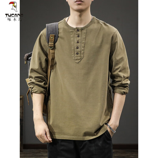 Woodpecker (TUCANO) American trendy retro Henry collar long-sleeved T-shirt men's spring and autumn new spring loose casual sweatshirt bottoming shirt ins gray M