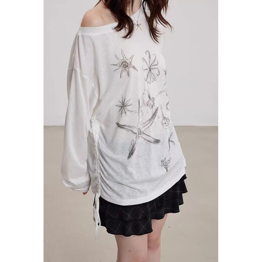 微透防晒罩衫长袖t恤女夏季薄款印花宽松显瘦上衣insGXXX96-60030 白色 L