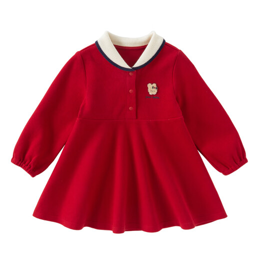 DAVE&BELLA pure cotton children's dress, college style girl's princess dress, spring new baby girl's dress, children's dress, red, in stock, 130 cm (recommended height 120-130cm)
