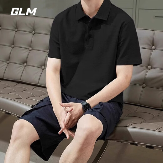GLM短袖t恤男透气夏季翻领polo衫速干T恤冰丝感休闲运动上衣黑色XL