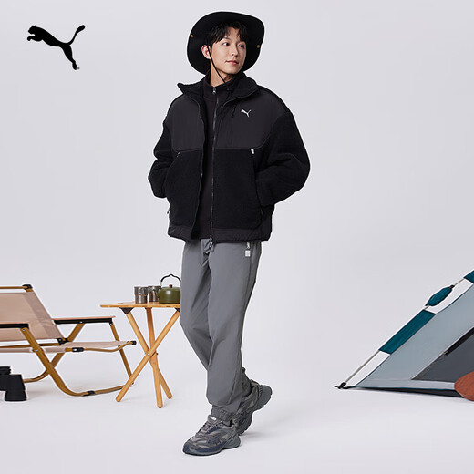 PUMA thickened and warm imitation sherpa jacket for men and women, couple style winter stand-up collar jacket top 629733 black-01 XL (185/104A)