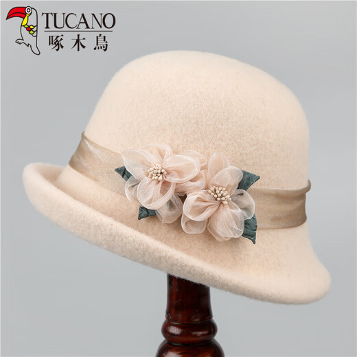 Woodpecker (TUCANO) French retro woolen hat for women, autumn and winter curled woolen felt hat, fashionable and versatile fisherman hat, outdoor basin hat, trendy off-white M (56-58cm)