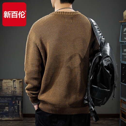 New Balance 2025 Winter Trendy Sweater Men's American Retro Henley Collar Versatile Heavyweight Casual Sweater Autumn and Winter Jacket Gray Blue L Size Suitable Weight 115-130Jin Jin is equal to 0.5 kg
