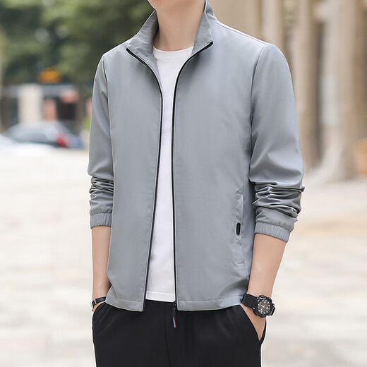 YOOOURTHING Jacket Jacket Men's 2025 Spring and Autumn New Casual Versatile Slim Solid Color Stand Collar Business Wear Winter Velvet Gray XL Recommendation 115-135Jin Jin equals 0.5 kg