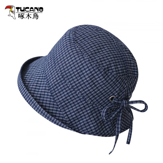 Woodpecker sun hat for women, Japanese plaid fisherman hat, summer thin breathable sunshade hat, sweet bow foldable style, dark blue, one size fits all, 55-59cm adjustable