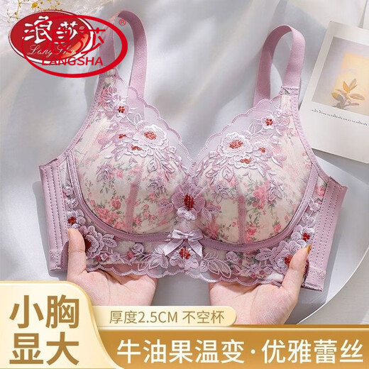 浪莎（LangSha）内衣女聚拢小胸上托收副乳防下垂秋冬无钢圈调整型文胸套装 LS-丁香紫 80A 36B通杯