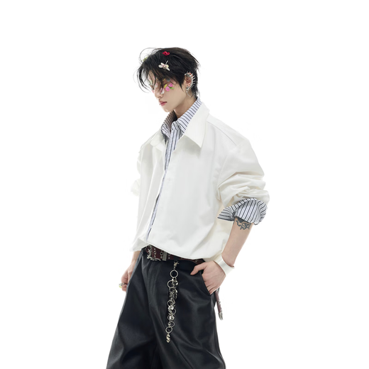 Jufeng Korean fake two-piece white long-sleeved shirt suit men's American striped splicing shirt and pants with a complete set of white shirt S (suitable for 85-100Jin Jin equals 0.5kg)