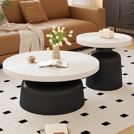 MIHUAI round coffee table for living room and home 2025 new modern simple light luxury small apartment light luxury carbon steel small coffee table combination coffee table 50+70 black background walnut color tabletop*