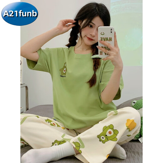 A 21 FUNB女童睡衣夏季纯棉短袖长裤中大童12女孩13岁家居服15初中学生套装 6623-蓝色小熊-短-袖长裤-H 170 女M高152-158，体重70-
