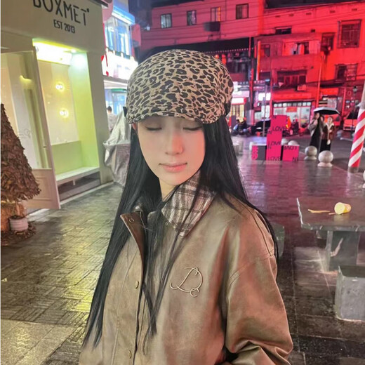 Shijanu new product Japanese retro milk pattern leopard print forward hat for women with large head circumference and reverse beret to show the face of a little painter leopard print forward hat M (56-58cm)