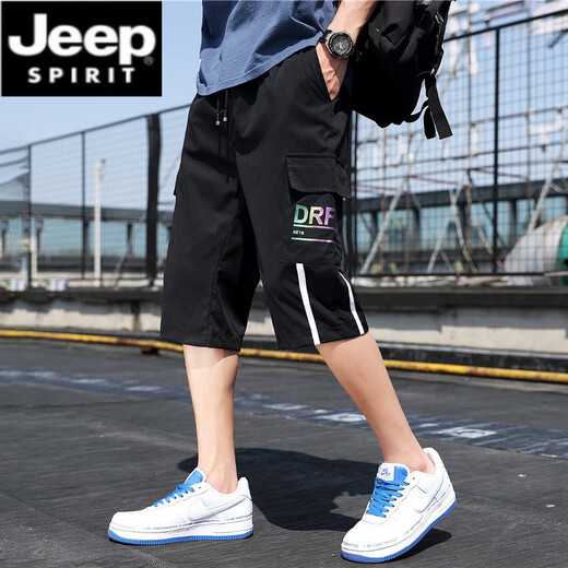 JEEP SPIRIT七分裤男夏季薄款宽松休闲短裤男士运动工装中裤韩版潮流学生裤子 9227黑色 2XL