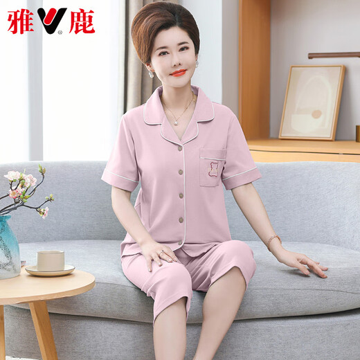 雅鹿高档妈妈开衫睡衣女夏季纯棉短袖七分裤大码薄款中老年妈妈家居服 9898 3XL 【160-180斤】