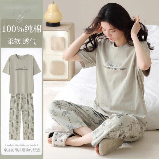 LangSha 2025 new pajamas for women summer short-sleeved trousers can be worn outside casual home clothes suit YZT9721 M Recommended 80-100Jin Jin equals 0.5kg to wear