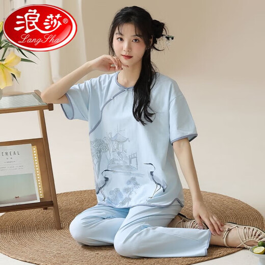 Langsha's new summer short-sleeved trousers pajamas set Chinese style casual and comfortable to wear cotton home clothes outside 9905 L 95-115Jin [Jin equals 0.5 kg]